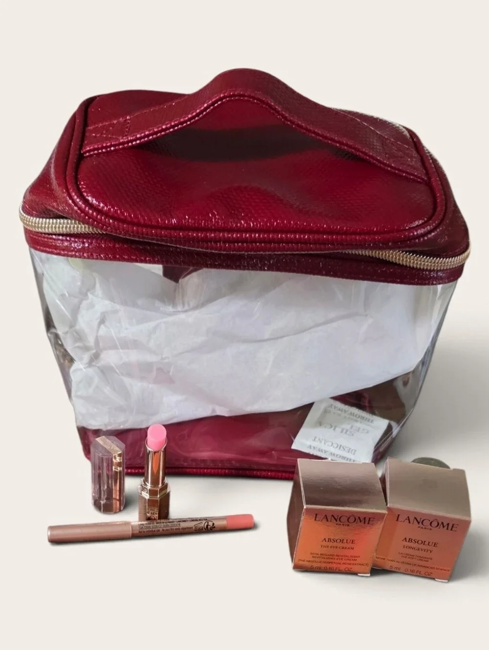 Lancome Red Clear Cosmetic Travel Bag, Lipstick, Liner, Eye Cream, Face Cream
